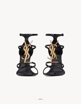 Size 38 - Saint Laurent Black Patent Leather YSL Logo Strappy Sandals